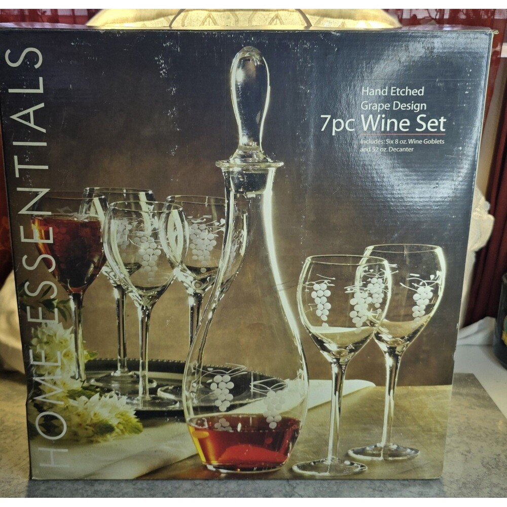 Home Essentials & Beyond 7-Piece Wine Set  Hand Etched Grape Decanter & 6 Goblet